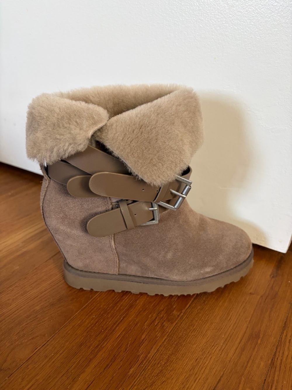 Ash Taupe Suede Shearling Wedge Booties with Buckles